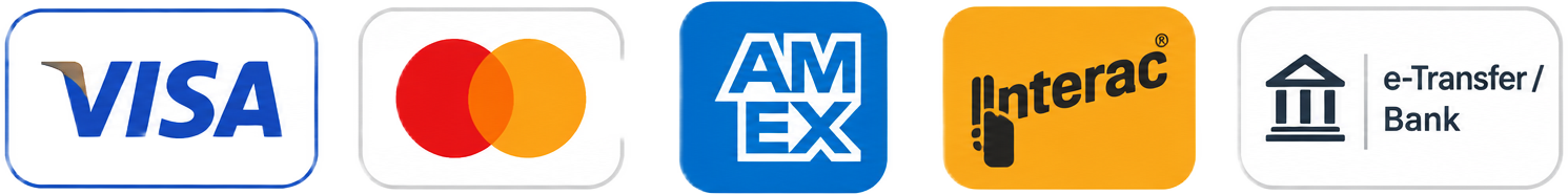 Visa, Mastercard, American Express, Interac and bank transfer accepted